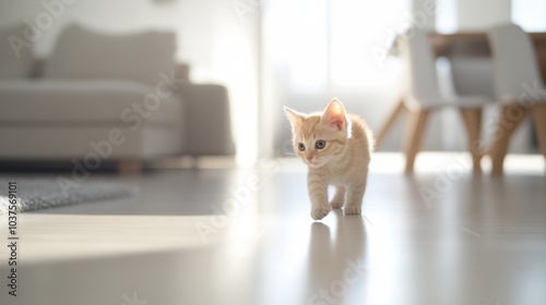 A playful kitten chasing a laser pointer in a bright, modern apartment. Featuring a sleek floor, minimal furniture, and playful action. Emphasizing a fun indoor activity. Ideal for pet play guides photo