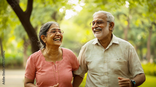 Portrait of senior couple walking in park