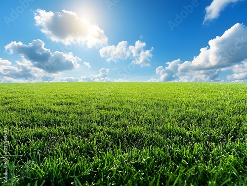 A vast green grassland under the blue sky, with clouds scattered in the distance and no trees on it. The background is clean and bright, presenting an endless expanse of emerald-green fields