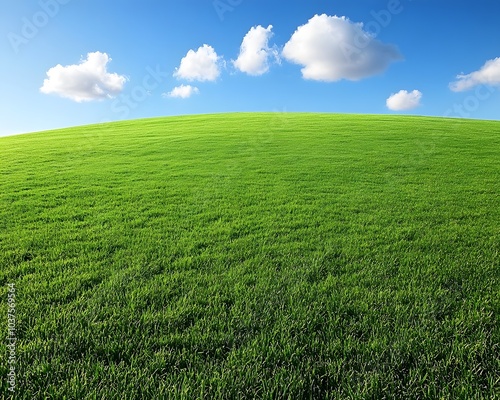 A vast green grassland under the blue sky, with clouds scattered in the distance and no trees on it. The background is clean and bright, presenting an endless expanse of emerald-green fields