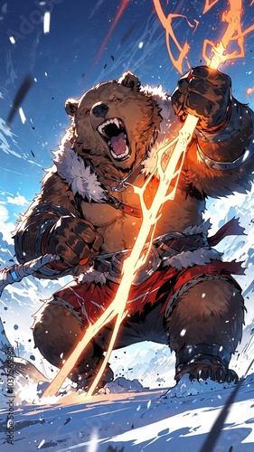 Anime Bear warrior charging into battle wielding a glowing axe in a snowy landscape photo