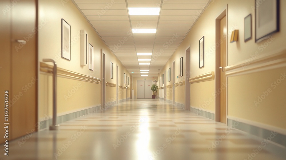 Hospital Corridor Calm: A serene, long shot of a clean and bright hospital hallway, promising peace and healing. The image conveys a sense of calm and order. Hospital Corridor Calm: A serene, long shot of a clean and bright hospital hallway, promising peace and healing. The image conveys a sense of calm and order.