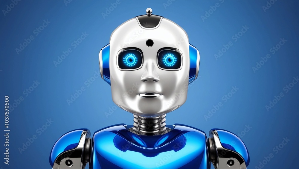 Shiny Blue Robot with Digital Eyes on Blue Background | robot, blue, shiny, android, AI, futuristic, cyber, technology, machine, tech, innovation, metal, chrome, digital, artificial, humanoid, cyber Shiny Blue Robot with Digital Eyes on Blue Background | robot, blue, shiny, android, AI, futuristic, cyber, technology, machine, tech, innovation, metal, chrome, digital, artificial, humanoid, cyber