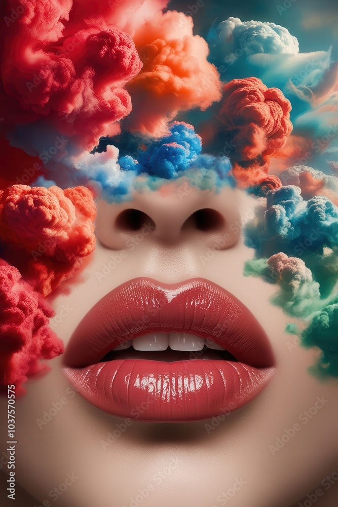 Woman's face partially obscured by colorful, cloud-like shapes in surreal art Woman's face partially obscured by colorful, cloud-like shapes in surreal art