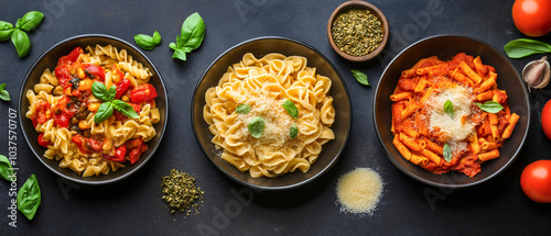 Obraz  z motywem Different pasta meals on plates. tasty restaurant recipes with sauce, macaroni nutrition in Italian style, healthy cuisine dishes of traditional assortment from top above view