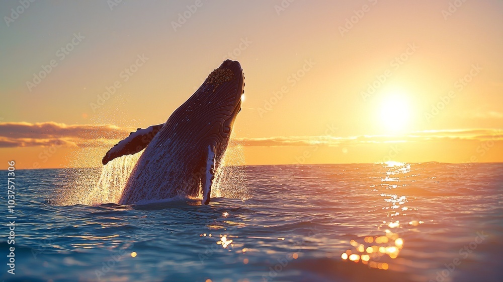 Majestic humpback whale breaching at sunset with vibrant ocean waves ...