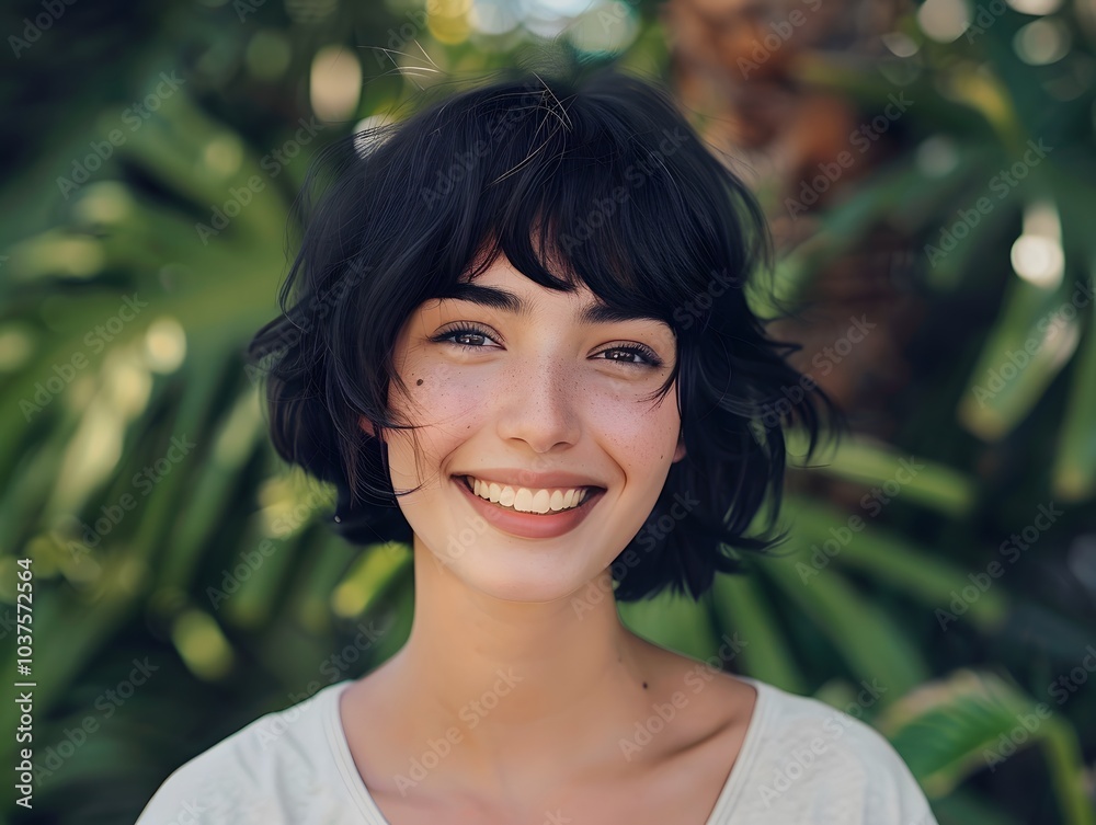 Female with short black hair smiling at camera.Natural Female with short black hair smiling at camera.Natural