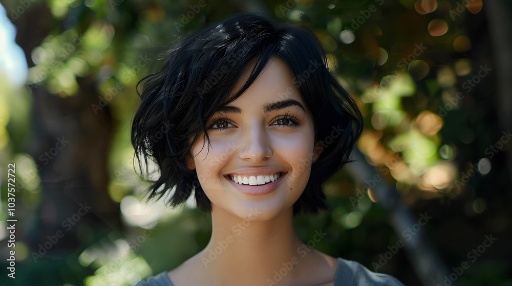 Female with short black hair smiling at camera.Natural Female with short black hair smiling at camera.Natural