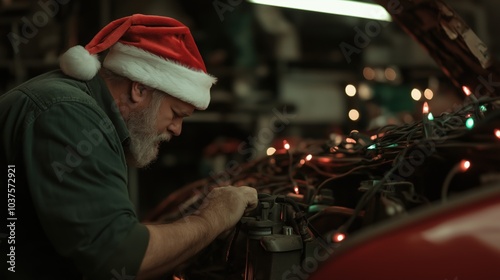 Festive auto repair shop decorated with christmas lights for the holiday season