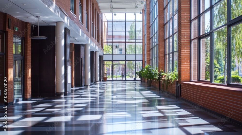 Modern architectural hallway with large windows and sunlight reflections on shiny floor tiles