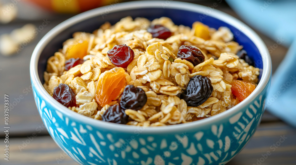 Raisins in dried fruit oatmeal, healthy breakfast with delicious cereal, muesli for sweet morning start, homemade cookie like food snack with natural grains Raisins in dried fruit oatmeal, healthy breakfast with delicious cereal, muesli for sweet morning start, homemade cookie like food snack with natural grains