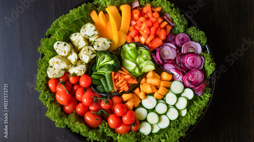 Vegetable platter with fresh appetizers, vegetarian raw diet options, vegan assortment top view, tomato and cucumber medley for healthy snacking