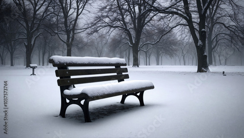 Lone bench in a snowy park during winter fog