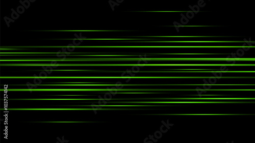 Glowing green lines on a dark background.Green neon speed light effect.