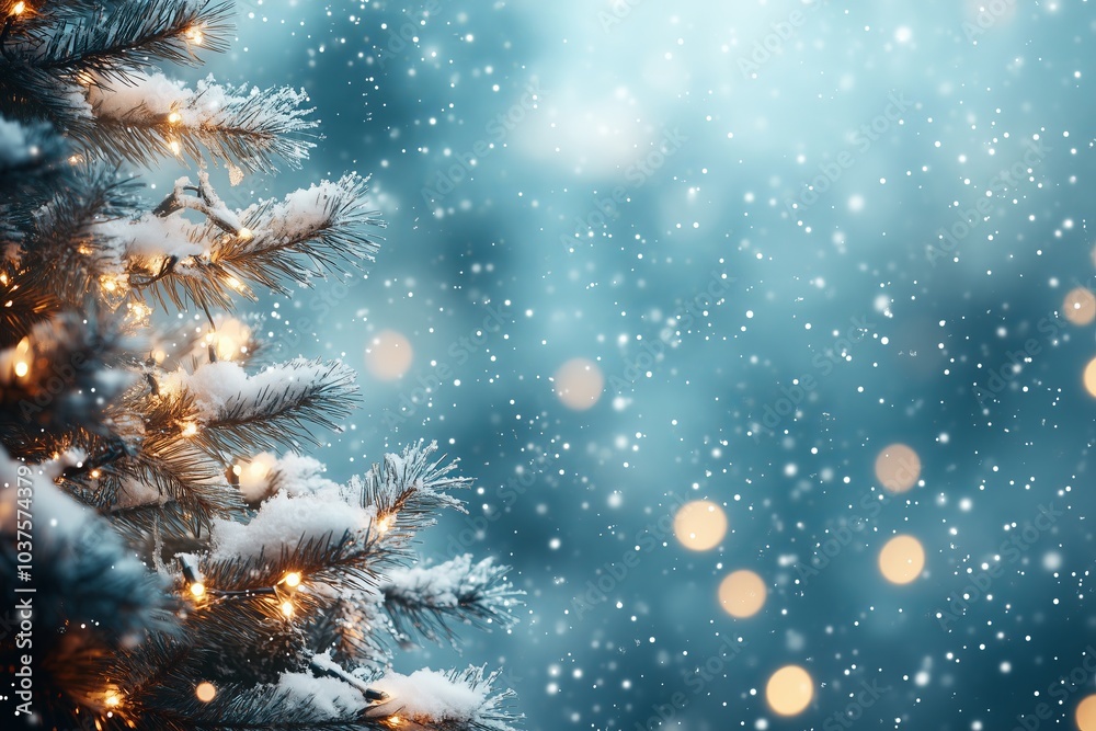 Christmas winter blurred background. Xmas tree with snow decorated with garland lights, holiday festive background. Widescreen backdrop. New year Winter art design, wide screen holiday border Christmas winter blurred background. Xmas tree with snow decorated with garland lights, holiday festive background. Widescreen backdrop. New year Winter art design, wide screen holiday border