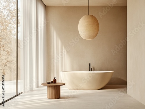A bathroom with a white bathtub and a wooden table