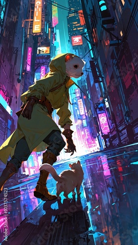 Anime Cunning Ferret Rogue Sneaks Through Futuristic City Shadows: Cyberpunk Stealth Scene photo