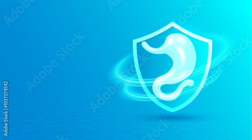 Stomach care and protection. Healthy stomach system. Stomach in shield. 3d human organ.