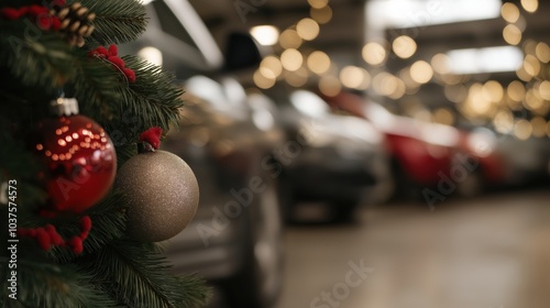 Festive christmas car dealership showroom decorated with holiday spirit