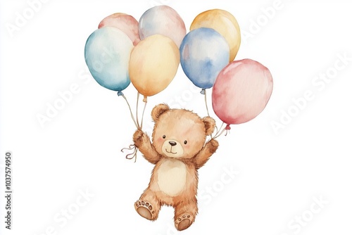 Cute baby bear flies with balloons in watercolor