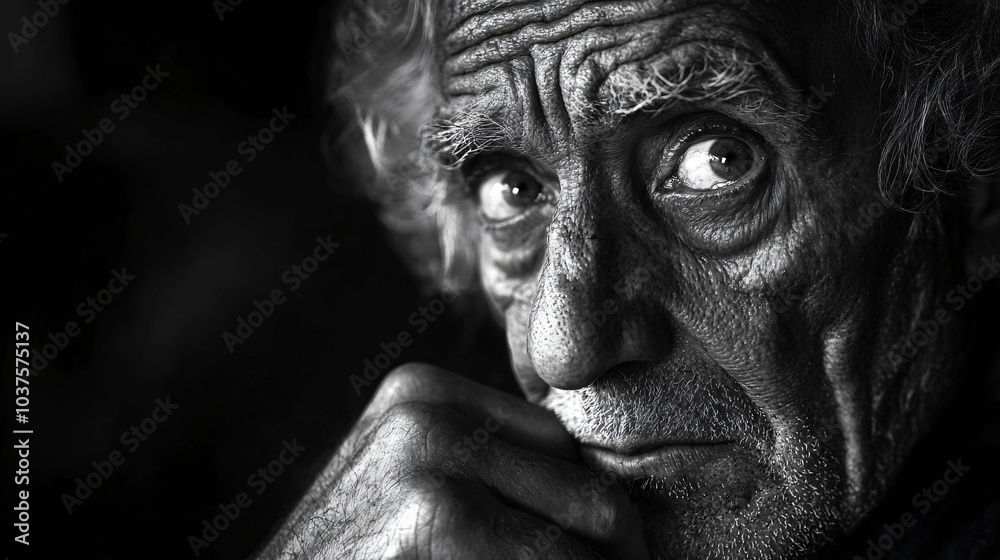 A high-contrast black and white portrait of a person in deep thought, highlighting intense emotion. A high-contrast black and white portrait of a person in deep thought, highlighting intense emotion.