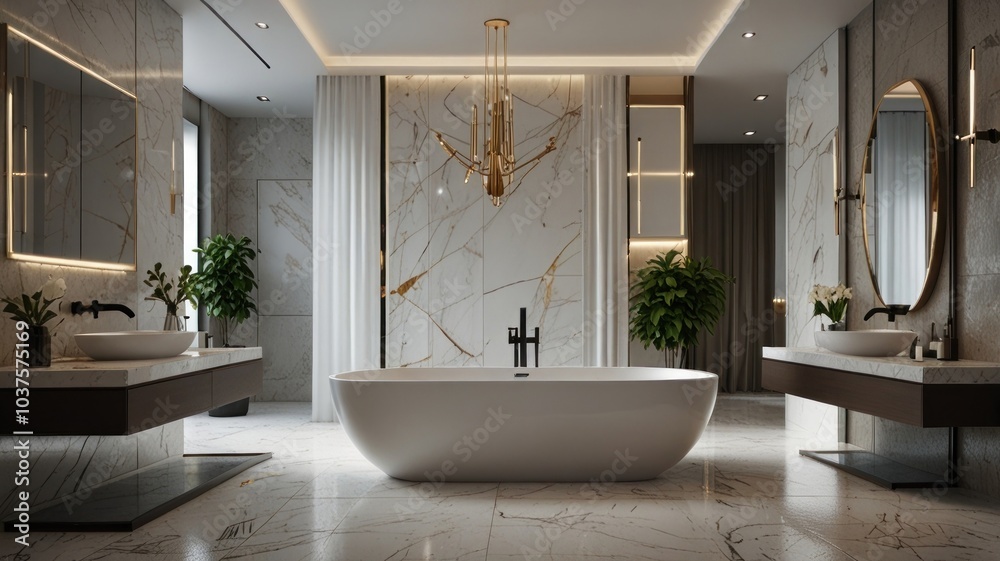 Fototapeta premium A modern and luxurious bathroom with a stunning white bathtub as its centerpiece. The walls are decorated with elegant marble tiles. The bathroom is flooded with natural light.