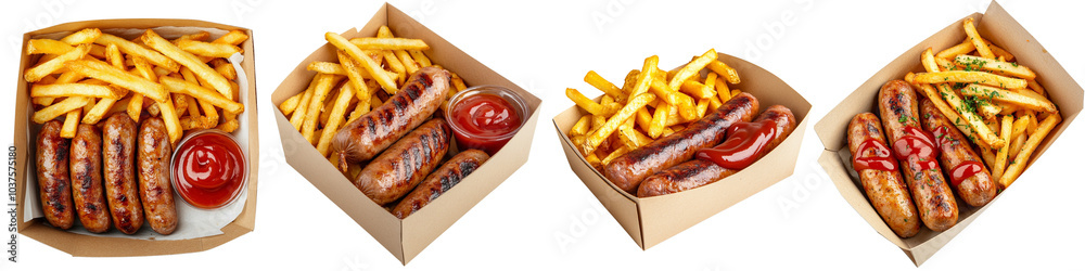 Set of A Sausages with ketchup and fries in a paper box, on a transparent background cutout, PNG file. Set of A Sausages with ketchup and fries in a paper box, on a transparent background cutout, PNG file.