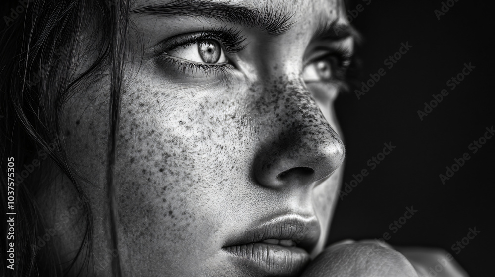 Naklejka premium A high-contrast black and white portrait of a person in deep thought, highlighting intense emotion.