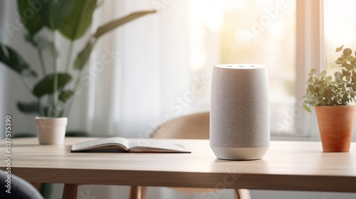 Concept smart Speaker on Wooden Table. Generative AI.