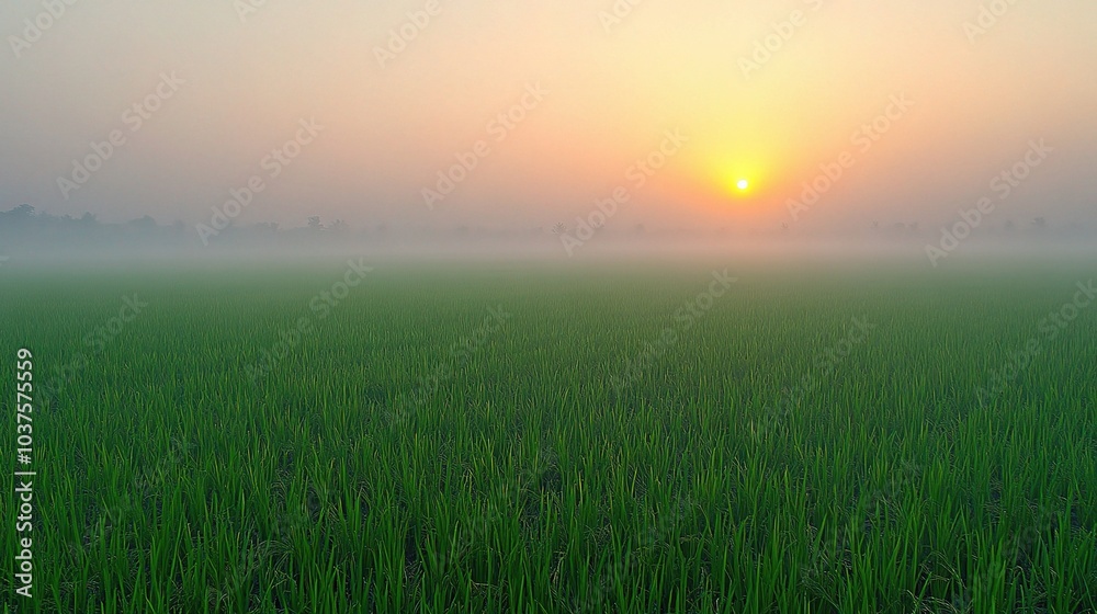 Sunrise Over Green Fields: A breathtaking vista of a lush green field bathed in the golden glow of sunrise, with a veil of fog adding an ethereal touch. Sunrise Over Green Fields: A breathtaking vista of a lush green field bathed in the golden glow of sunrise, with a veil of fog adding an ethereal touch.
