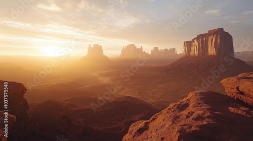 Monument Valley Sunrise: A breathtaking panoramic view of Monument Valley National Park at sunrise, with majestic sandstone buttes silhouetted against a fiery sky.