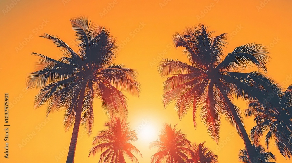 Fototapeta premium Golden Hour Palms: Tropical Sunset Silhouette