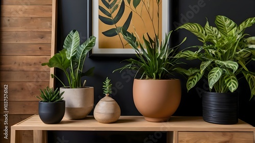 Botanical-themed living space filled with vibrant plants in elegant pots, a wooden display stand, a sleek black stool, earthy walls, and personalized decor items. photo
