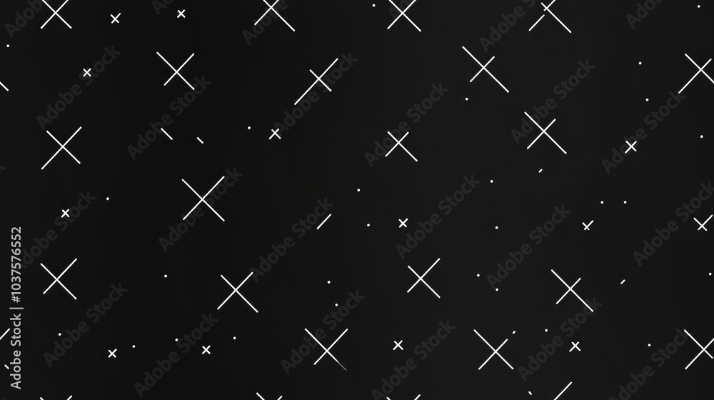 Fototapeta premium Raster monochrome seamless pattern featuring minimalist geometric design with small white cruciate shapes on a black backdrop Repeating dark abstract texture suitable for prints decor digital and 
