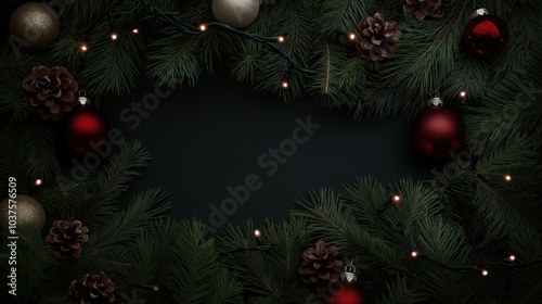 Festive christmas pine garland with twinkling lights and ornaments for holiday decor