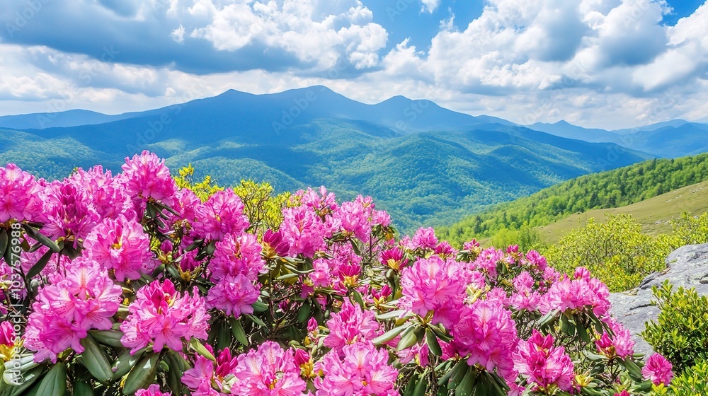 Mountaintop Blooms: Vibrant pink rhododendrons burst forth, painting a breathtaking scene against the backdrop of majestic mountains and a bright blue sky. A symphony of colors, textures. Mountaintop Blooms: Vibrant pink rhododendrons burst forth, painting a breathtaking scene against the backdrop of majestic mountains and a bright blue sky. A symphony of colors, textures.