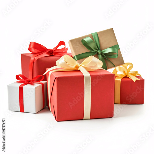 gift boxes with red and gold ribbons on white background