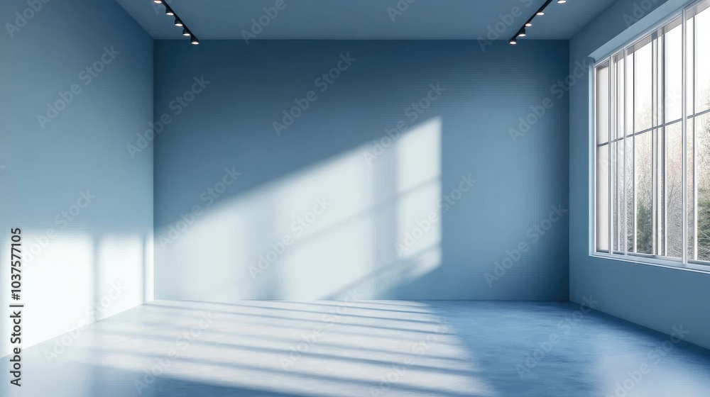 Fototapeta premium 3D rendering of an empty room showcasing a blank stand with a blue pastel color theme for interior design