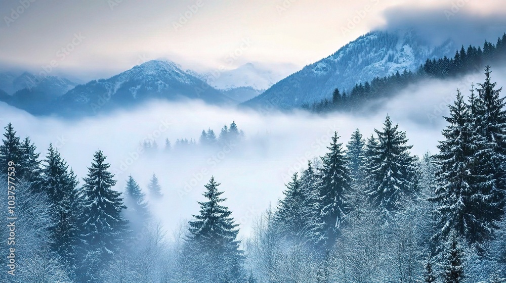 Winter Wonderland in the Mountains: A serene landscape photograph showcasing snow-covered evergreen trees nestled in a misty valley, with majestic mountains rising in the background. Winter Wonderland in the Mountains: A serene landscape photograph showcasing snow-covered evergreen trees nestled in a misty valley, with majestic mountains rising in the background.