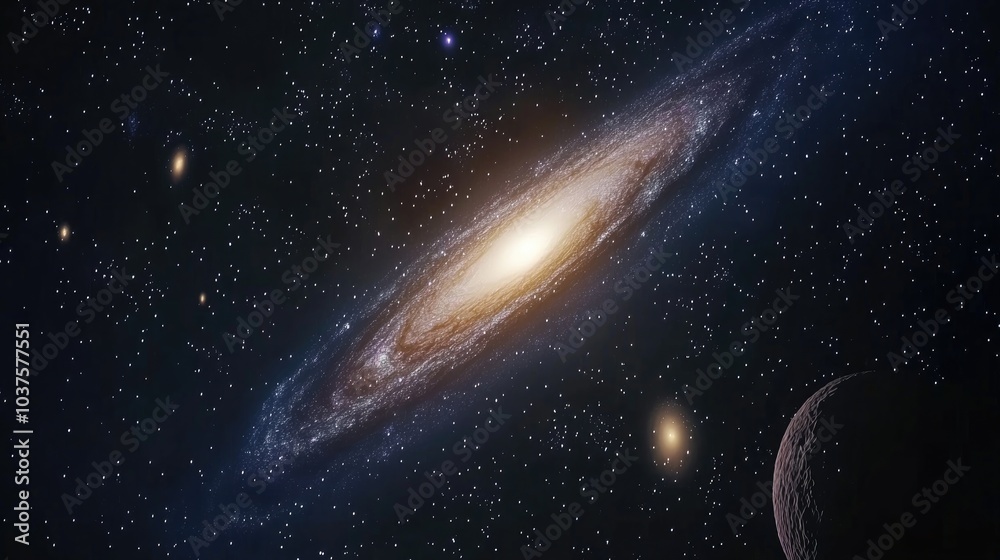 Naklejka premium 3D cartoon representation of Andromeda galaxy along with smaller galaxies