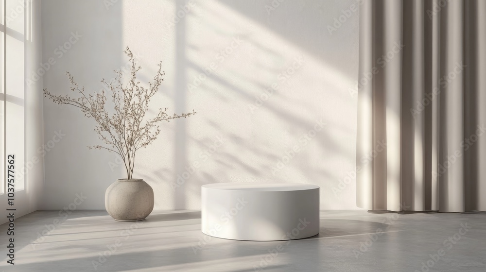 White cylindrical product display in a neutral room studio setup for minimalistic product presentation 3D rendering White cylindrical product display in a neutral room studio setup for minimalistic product presentation 3D rendering