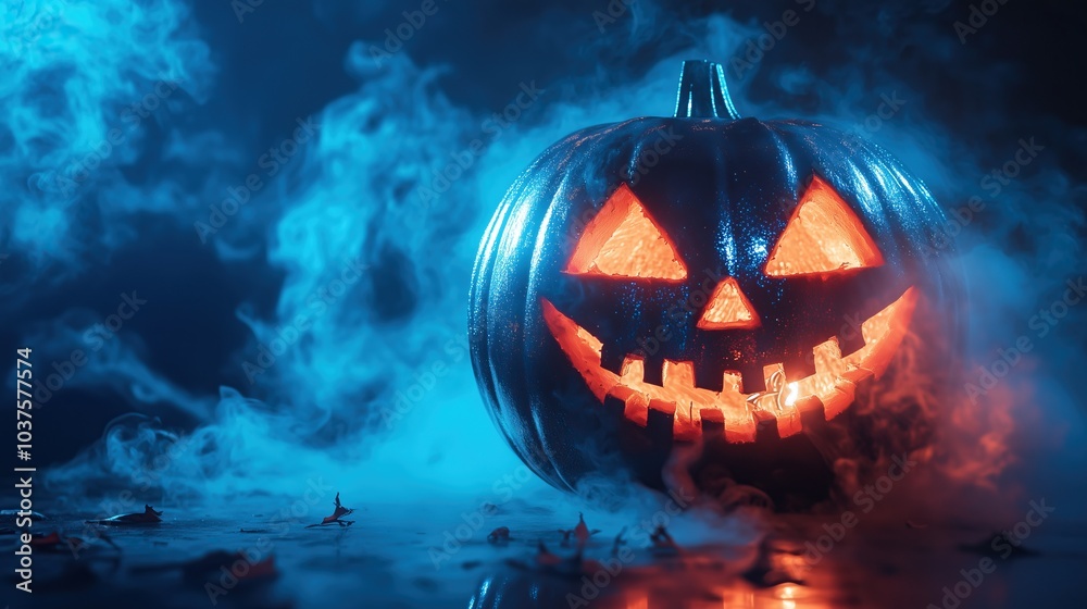 Naklejka premium Pumpkin disco ball for Halloween party. Lantern with shiny blue rays