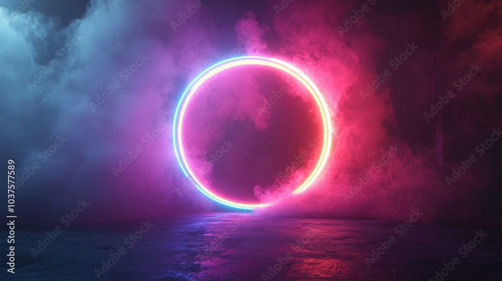 Round mystical portal in 3D cartoon rendering Geometric neon colored circle on a dark background with futuristic smoke