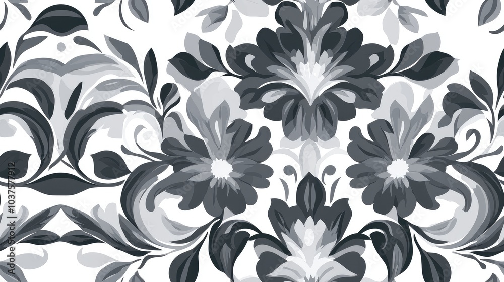 Fototapeta premium Gray floral seamless pattern in two colors Design suitable for printing on fabric textiles paper wrappers and for scrapbooking Traditional tile ornament in an ethnic style