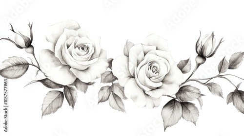 Fototapeta Naklejka Na Ścianę i Meble -  Roses isolated on a white background depicted in ink and watercolor showcasing traditional oriental art in a monochrome style