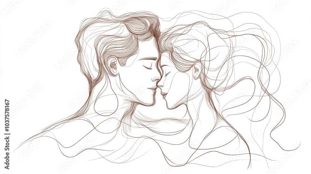 Continuous line art illustration of a loving couple depicting a romantic bond through a minimalist doodle style Hand drawn contours on a white background