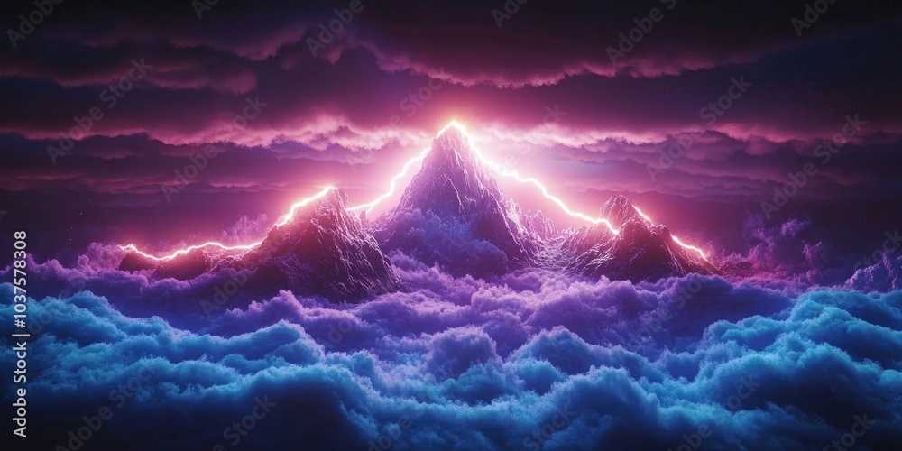 Naklejka premium Lightning illuminates the mountain peaks, Lightning highlights the mountain peaks