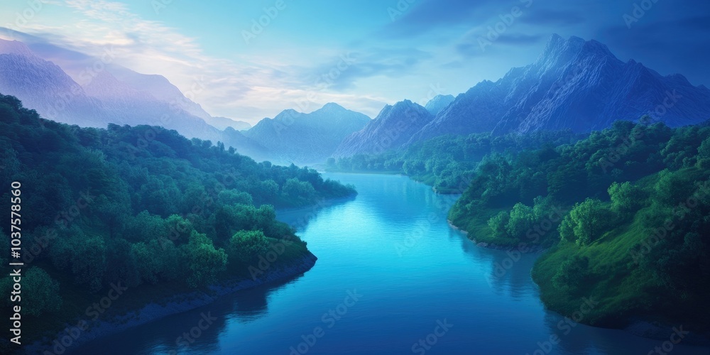 Obraz premium Scenic view of a tranquil lake surrounded by a picturesque gorge in a mountainous region, Tranquil lake in picturesque gorge with mountains