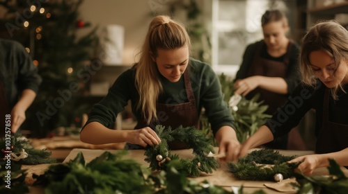Festive christmas wreath making workshop in a cozy florist shop setting