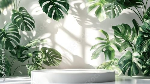 White podium featuring monstera plant leaves and sunlight in a 3D rendered product display background